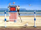 A painting of a Punch and Judy man at Weymouth by Margaret Heath.